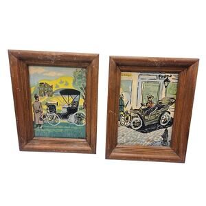 2 Mid-Century Modern Driving Automobile Wood Framed‎ Art 7.5 x 9